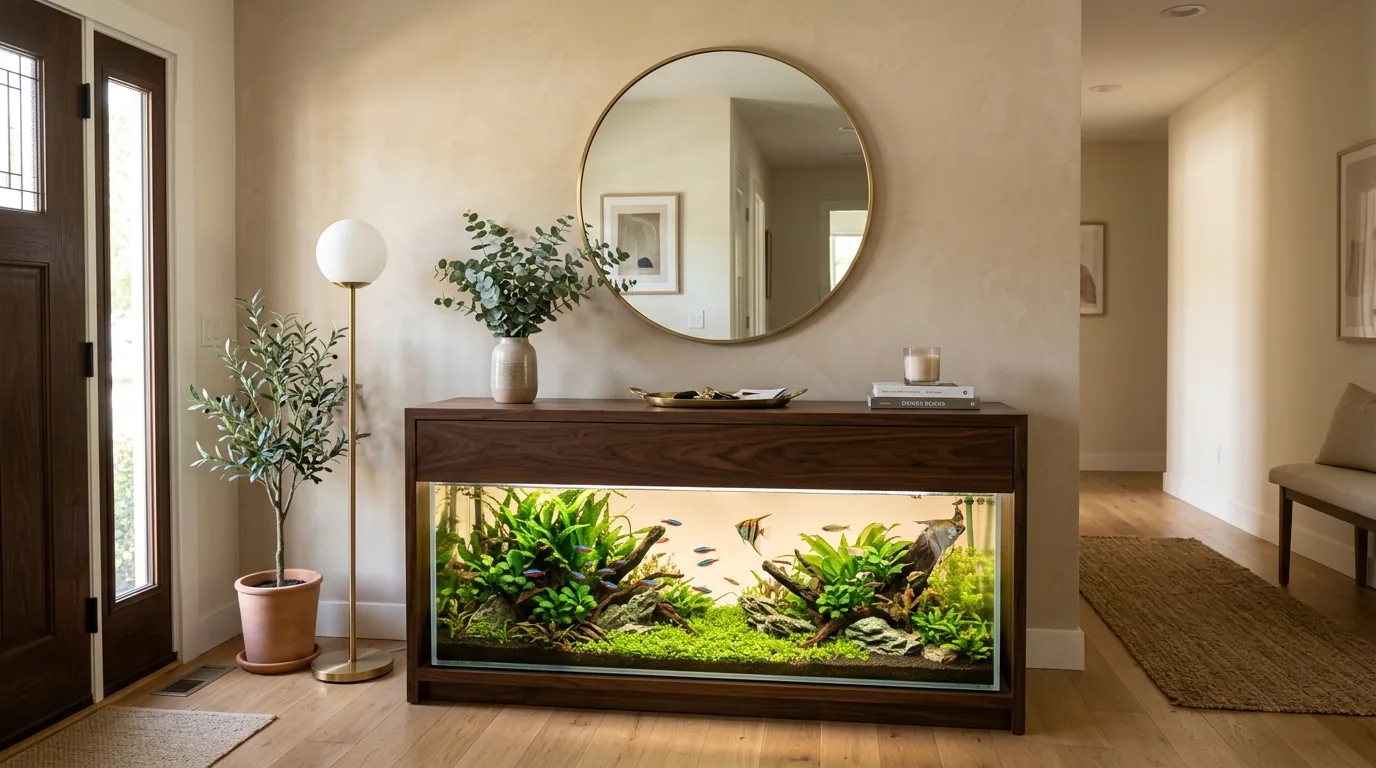 Cinematic custom wall aquarium with tailored cabinetry and balanced room styling