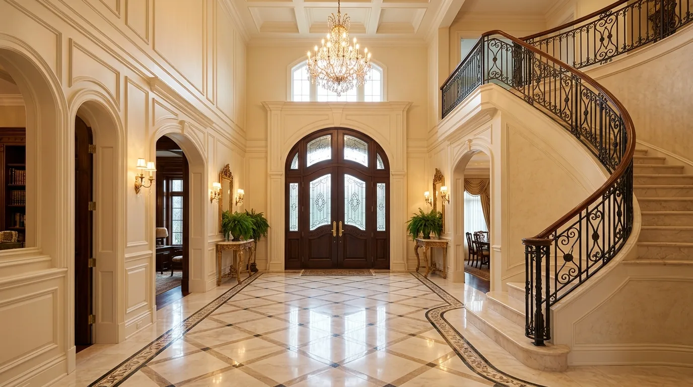 Living room with tall windows and simple crown detail