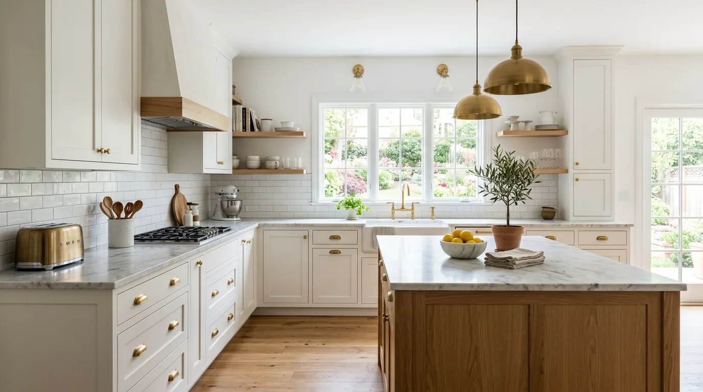 Kitchen with inset cabinetry and clean architectural opening to dining room