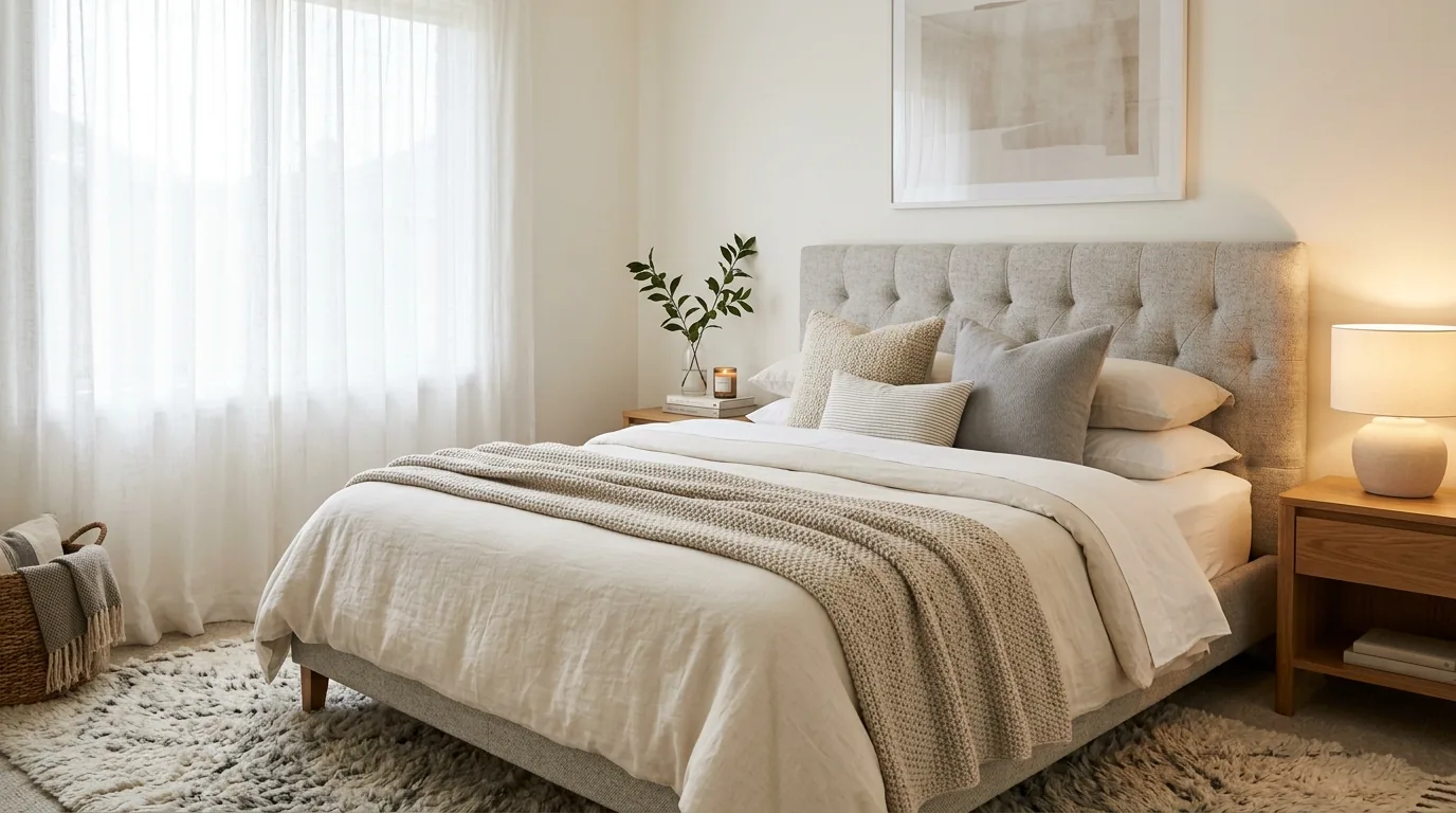 Bedroom with built in closet organizers and fresh neutral paint