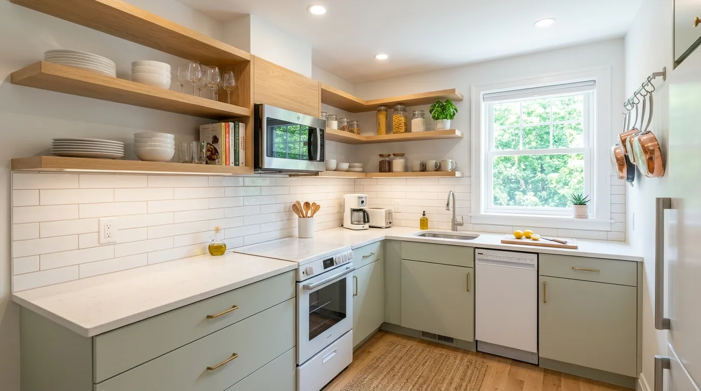 Small kitchen pantry corner with labeled storage and appliance garage