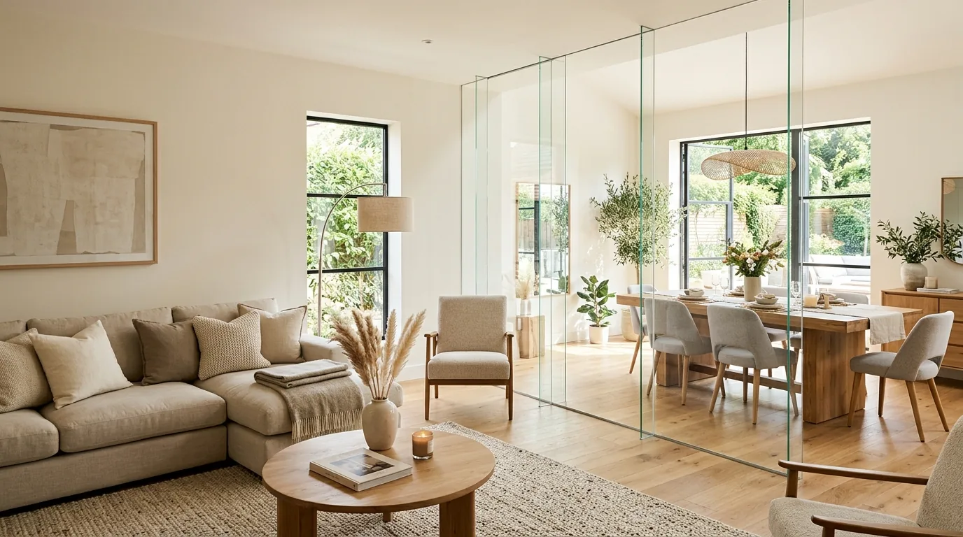 Studio apartment with ribbed glass partition between bed and lounge