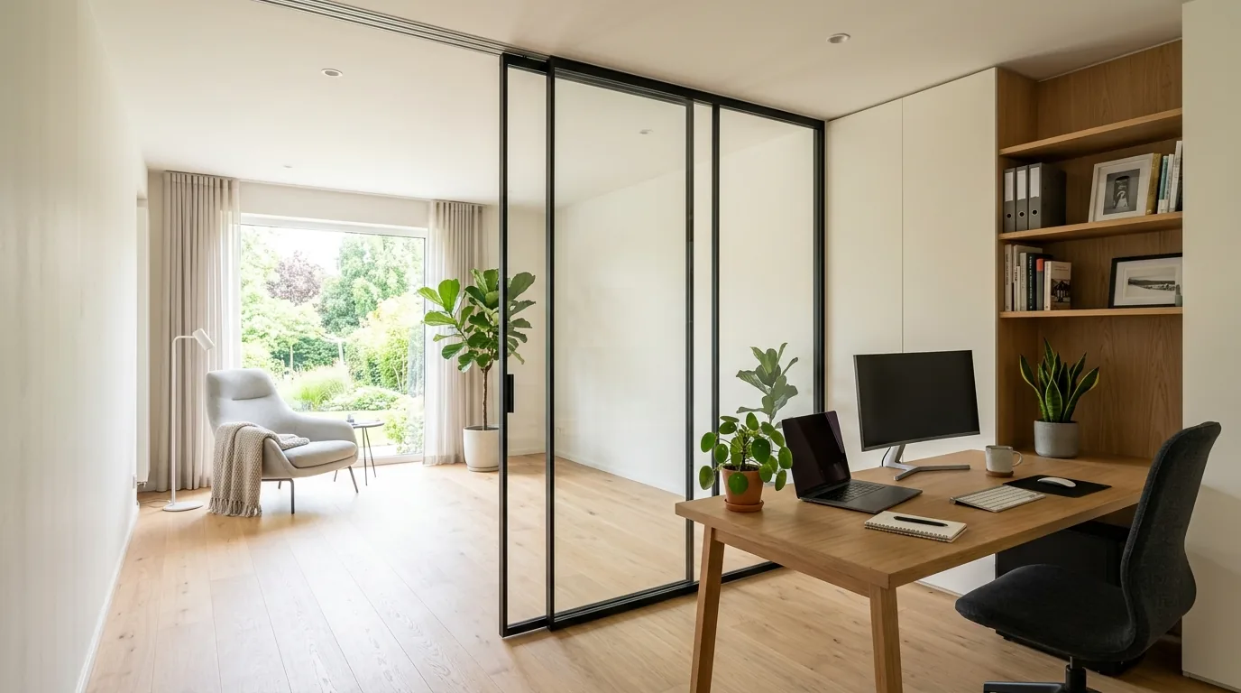 Bathroom partition with frosted glass panel and slim hardware