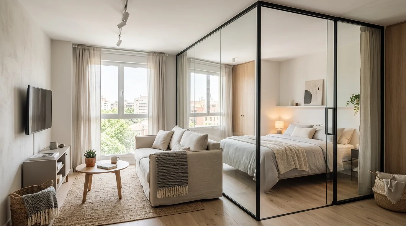 Loft living room with sliding glass divider to study nook