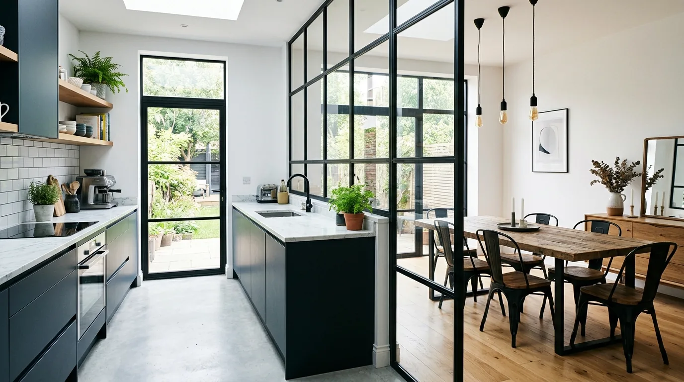 Scandinavian interior with pale framed glass partition and light wood floors