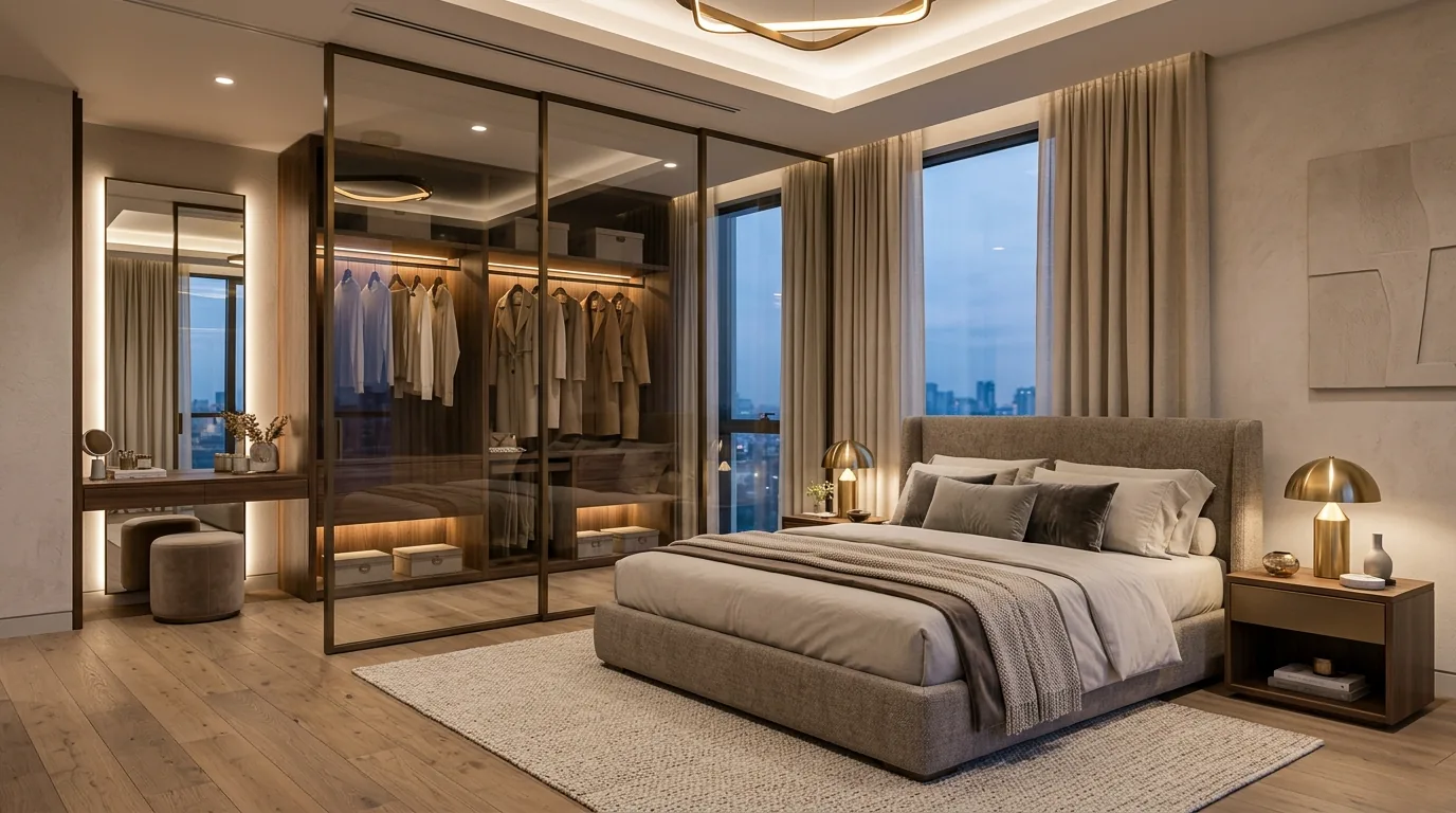 Entryway partition with fluted glass and warm brass handle