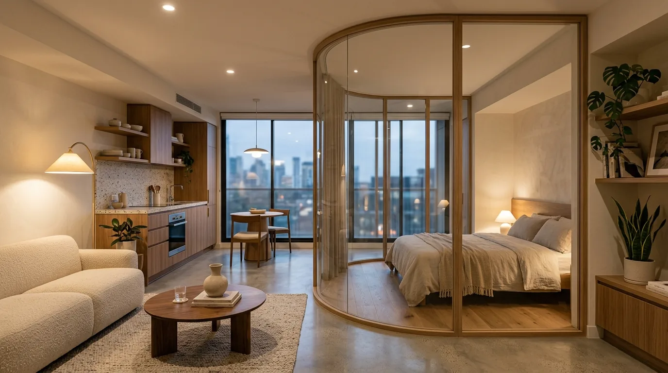 Small apartment with glass partition beside sofa to define dining corner