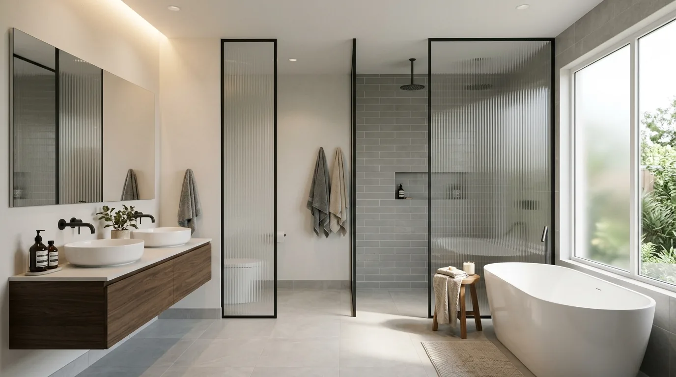 Luxury hallway with full height glass partition and stone floor