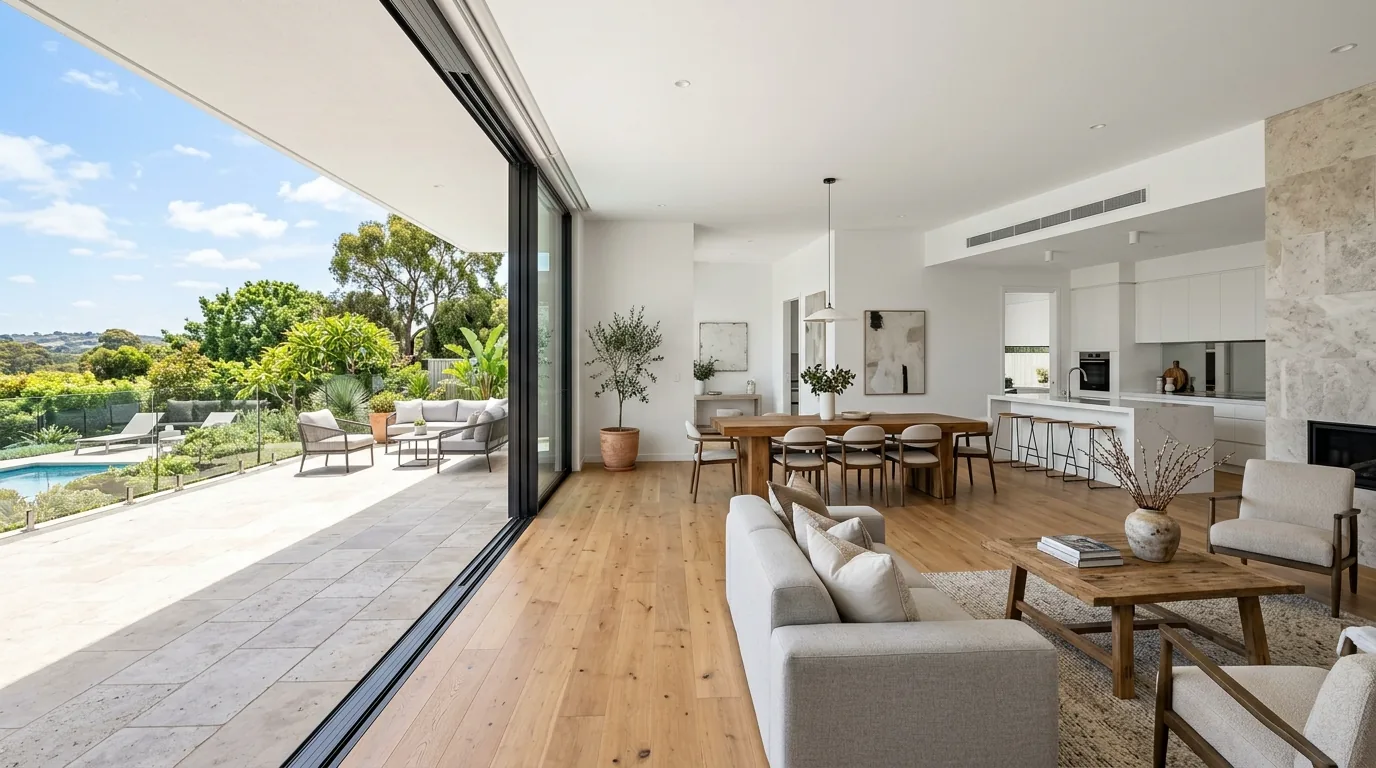 Cinematic open concept space with custom glass wall and balanced lighting