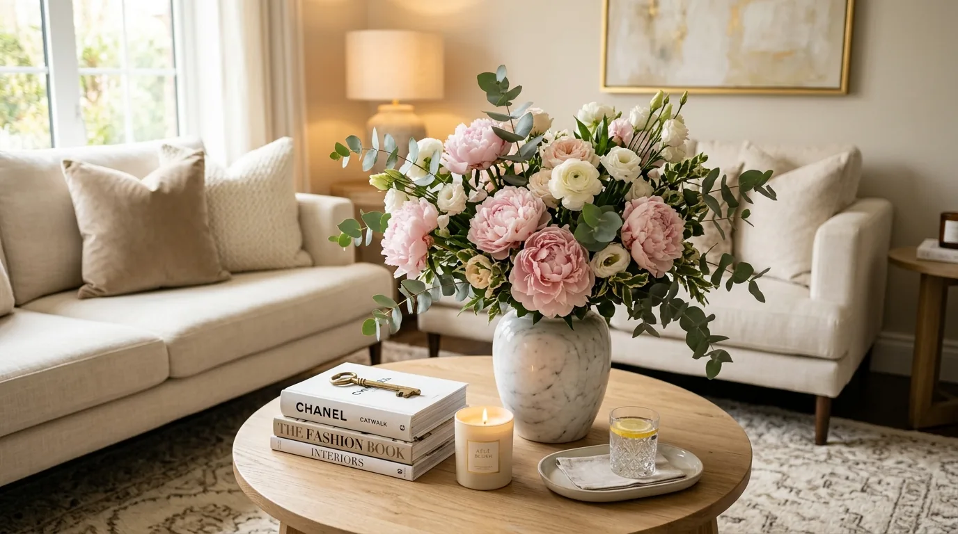 Dramatic branch arrangement with flowering cherry stems in a tall ceramic vessel