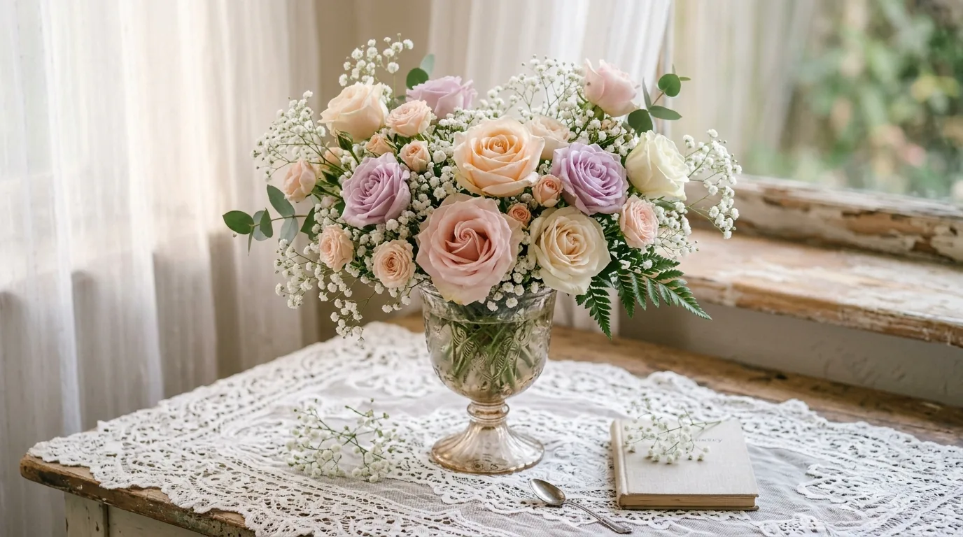 Low centerpiece of dahlias and roses with candles around it
