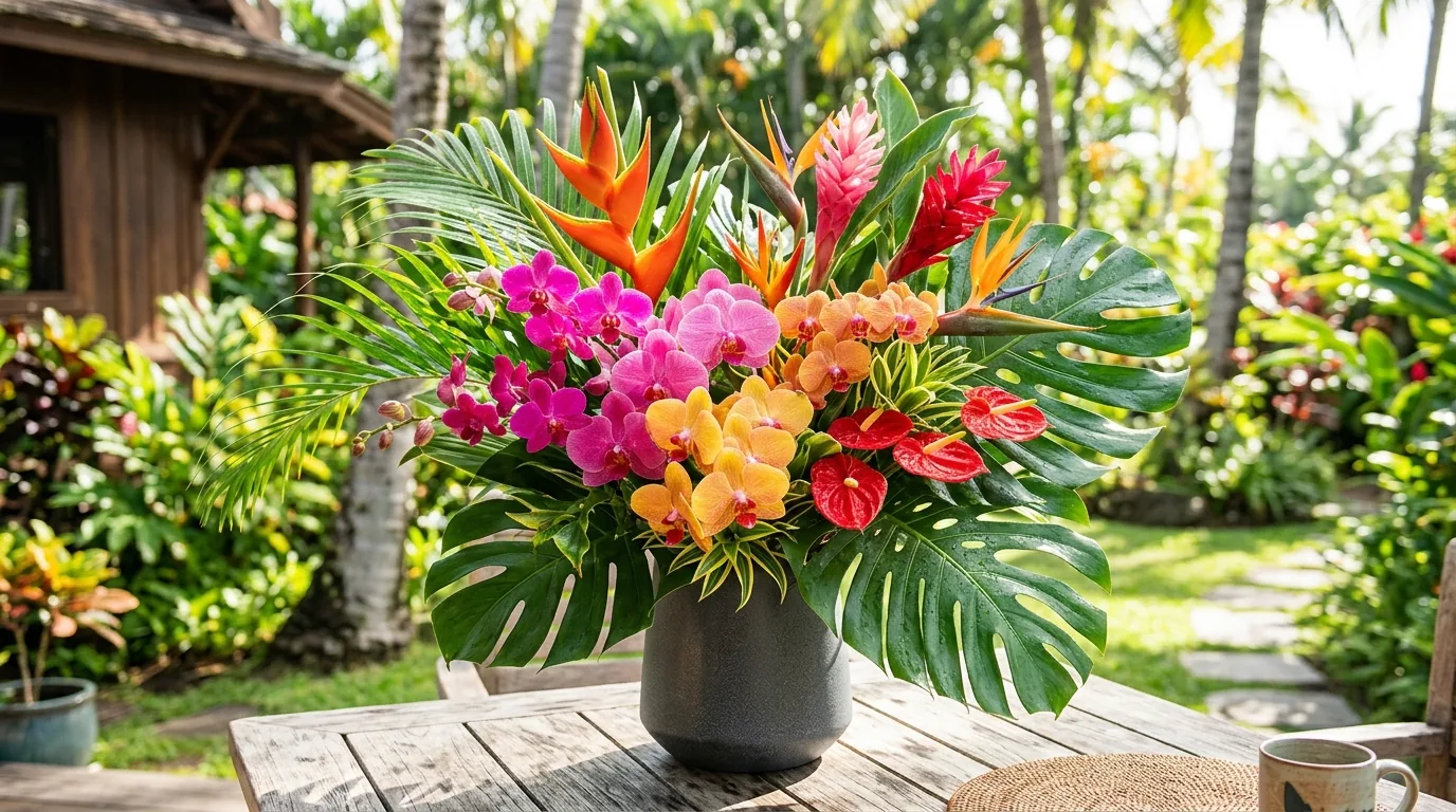 Kitchen arrangement of lemon branches and white blooms in a terracotta vessel