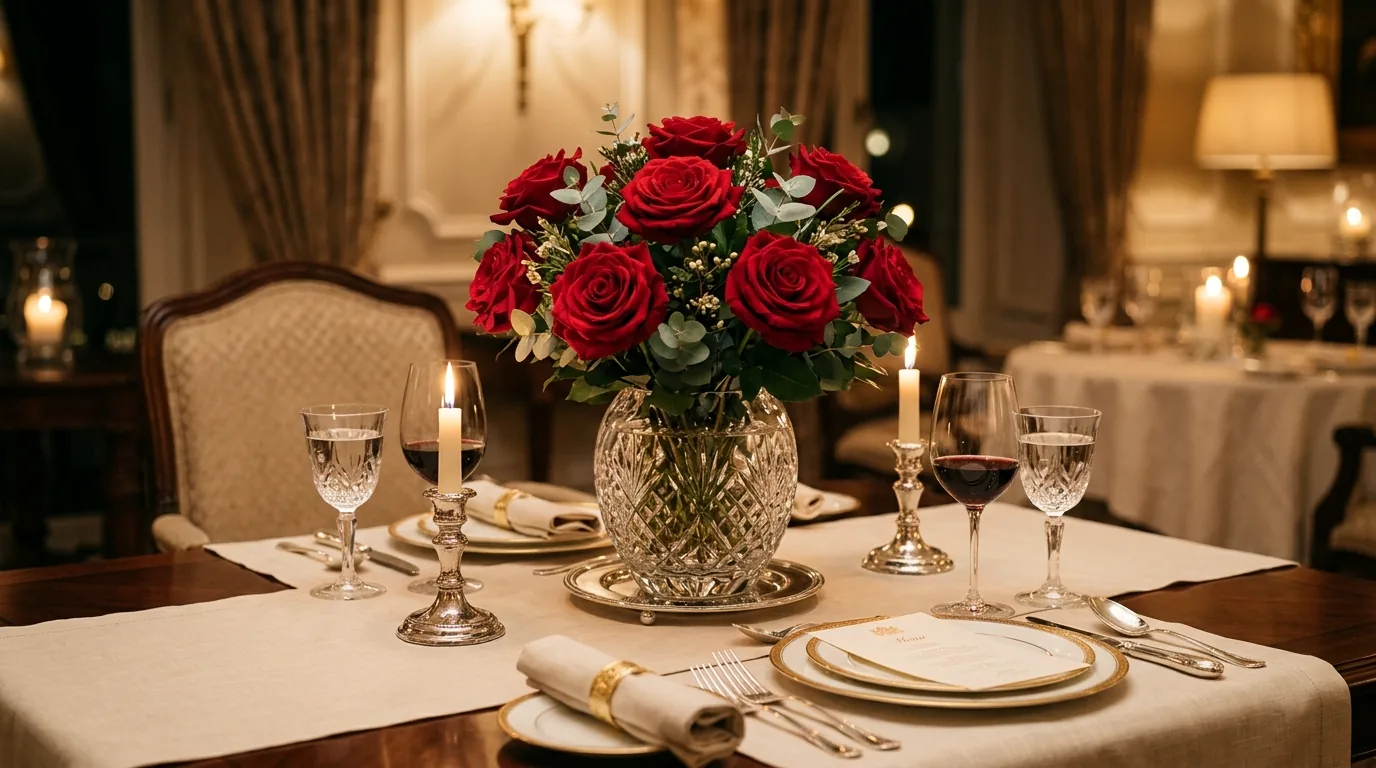 Autumn toned arrangement with rust florals and berry branches