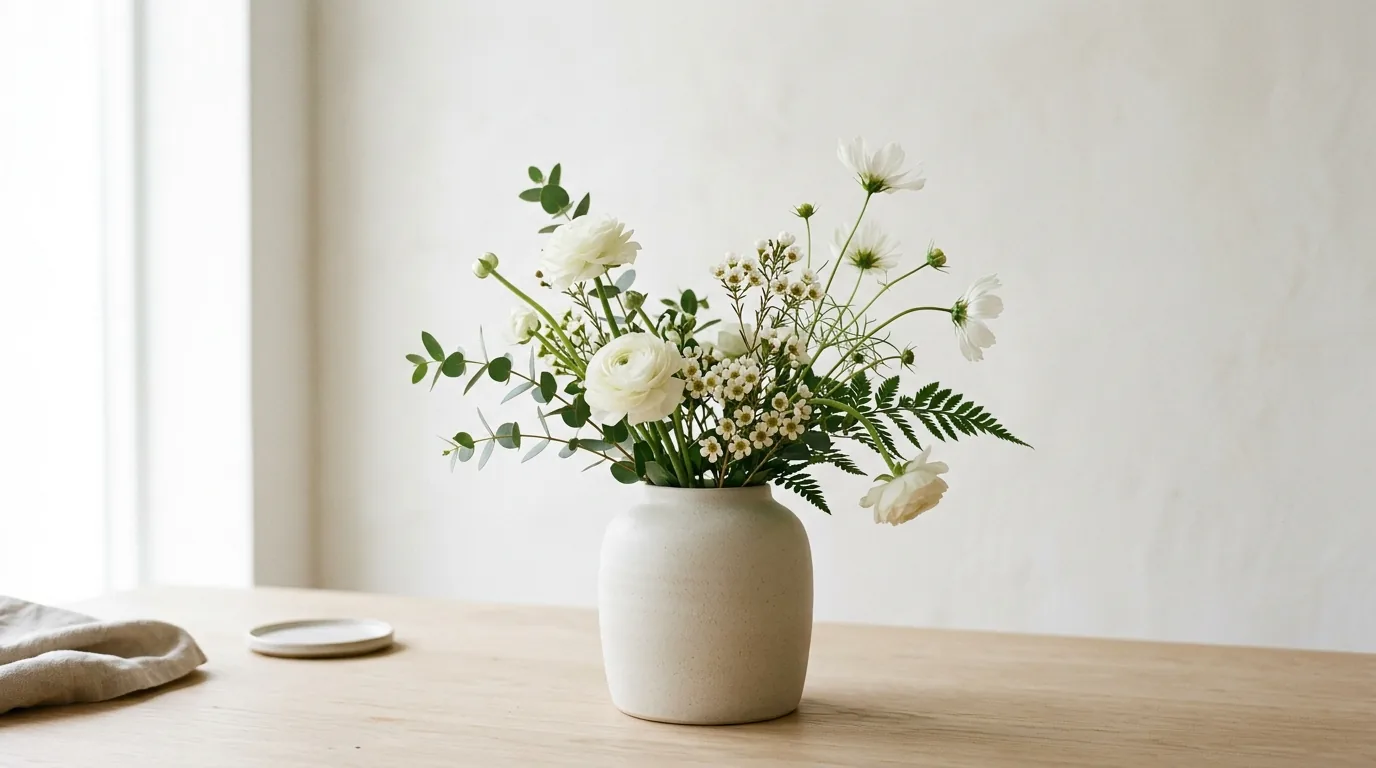 Bedside bouquet of soft garden roses and eucalyptus