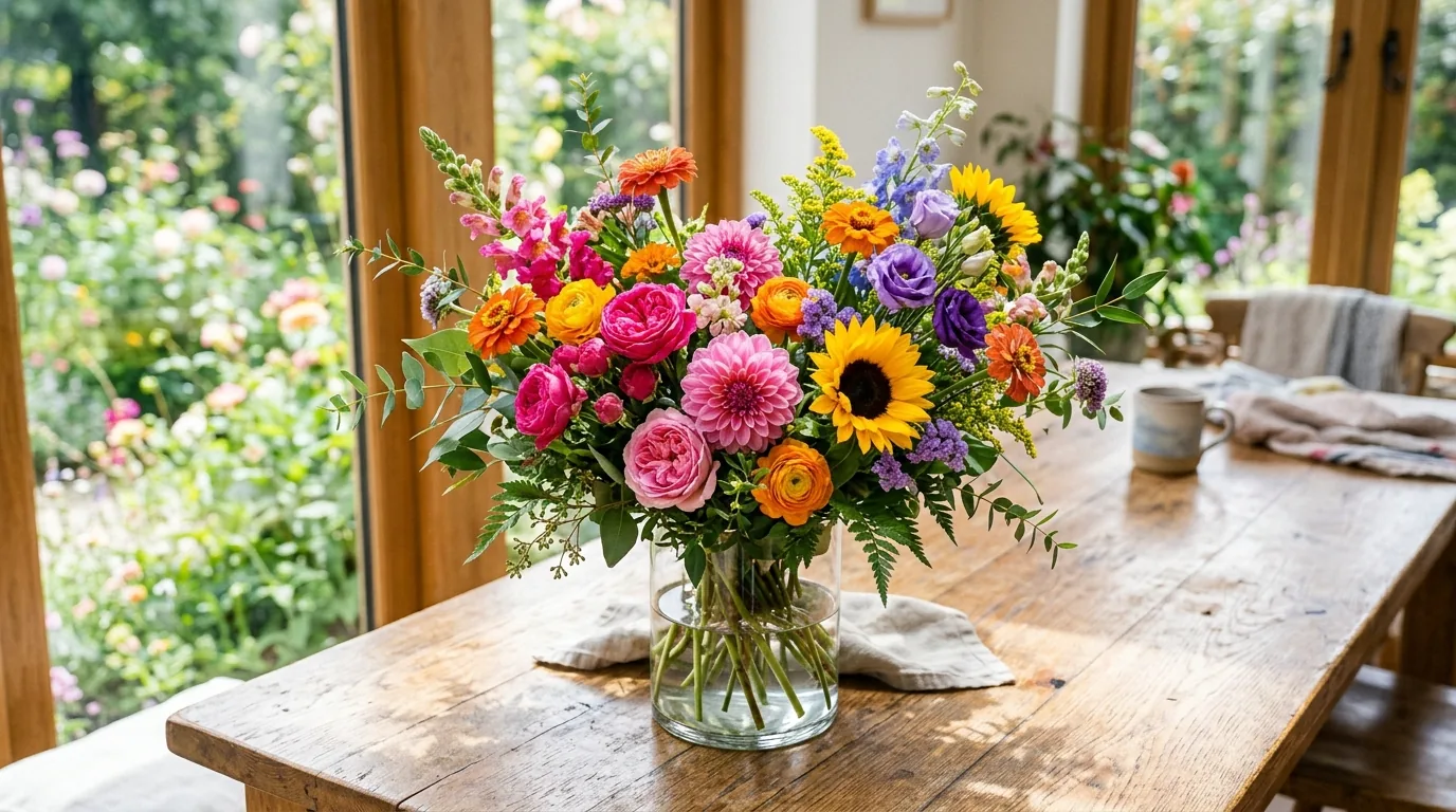 Large foyer arrangement with hydrangeas and greenery in oversized urn