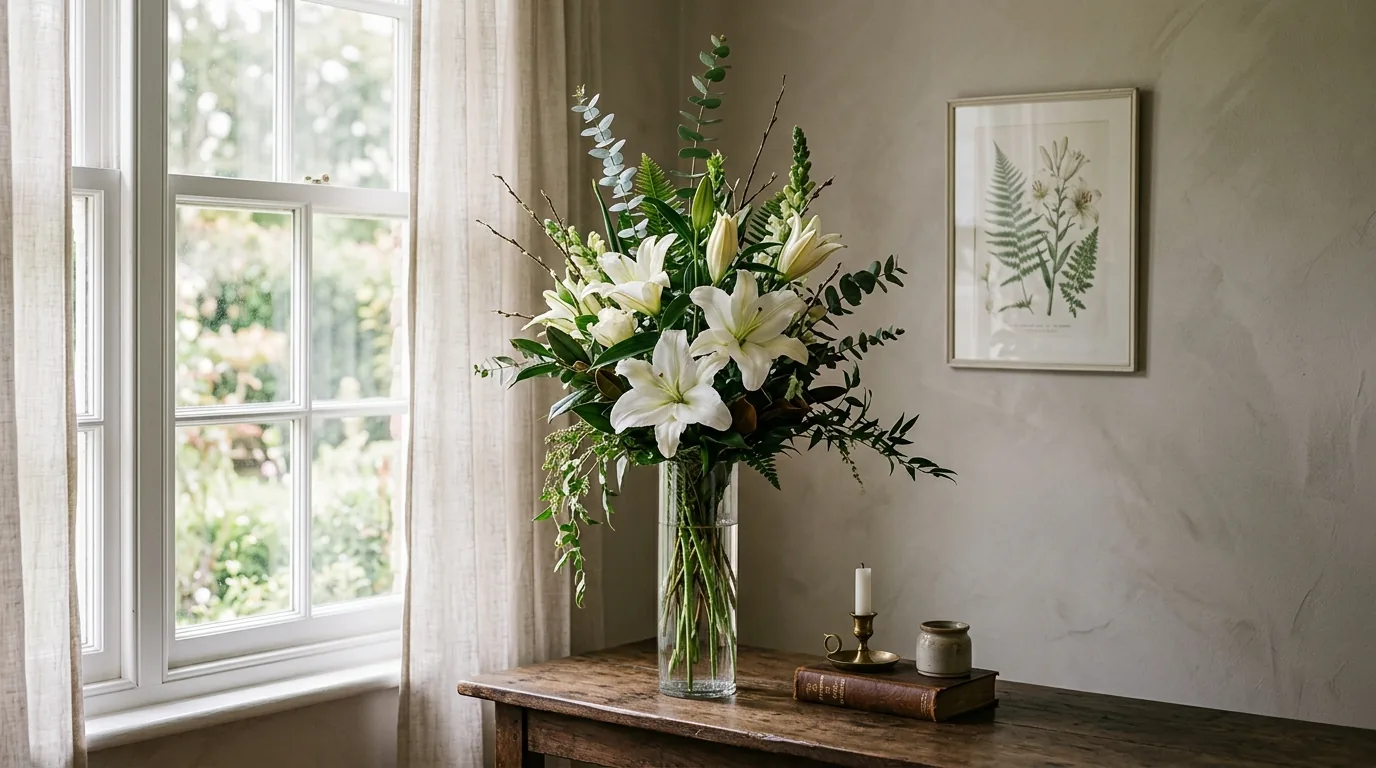 Sculptural ikebana inspired arrangement with sparse stems and strong negative space