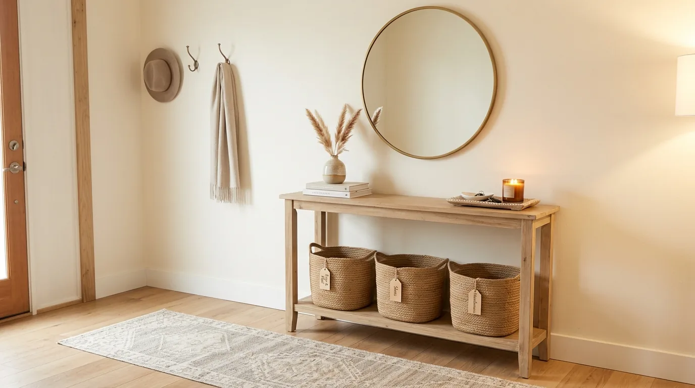 Laundry room with open shelves replacing custom cabinetry