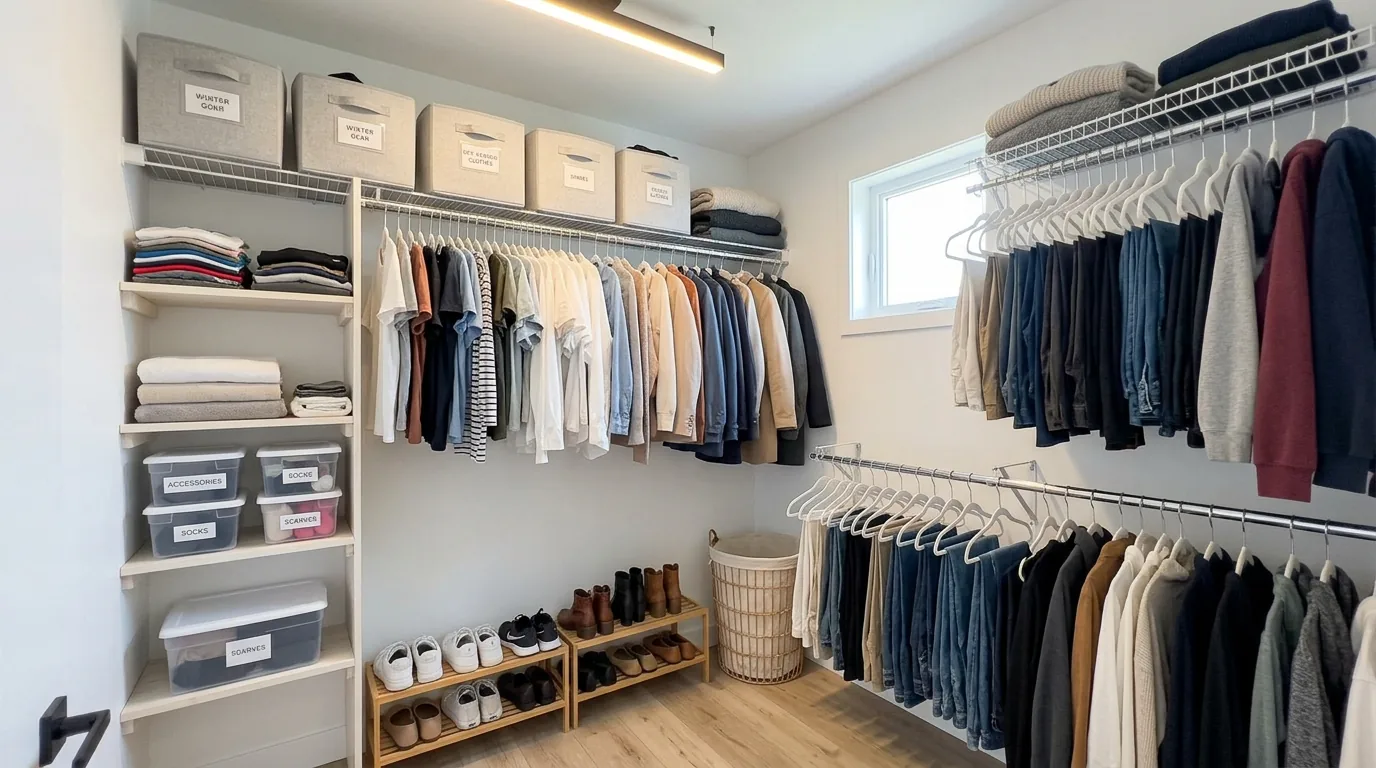 Mudroom storage built from modular pieces instead of custom millwork