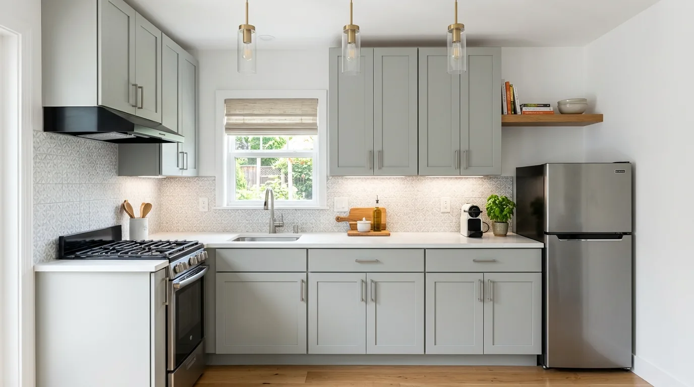 Open shelf kitchen styled with ceramics and glass jars