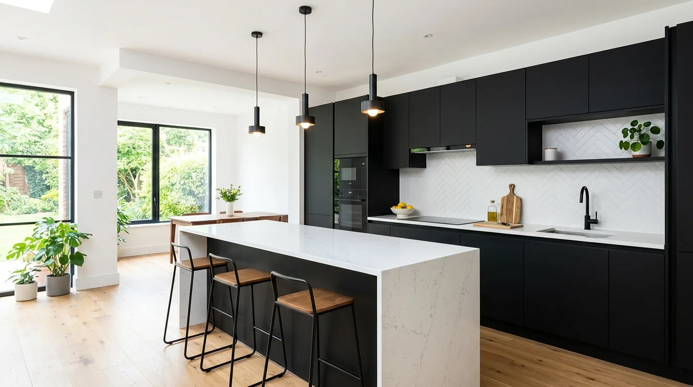 Small kitchen with painted island base in a soft accent color