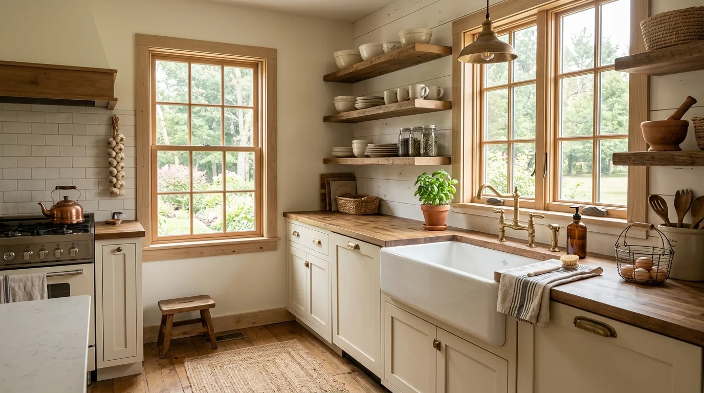 Kitchen sink area with new faucet and fresh herb pots