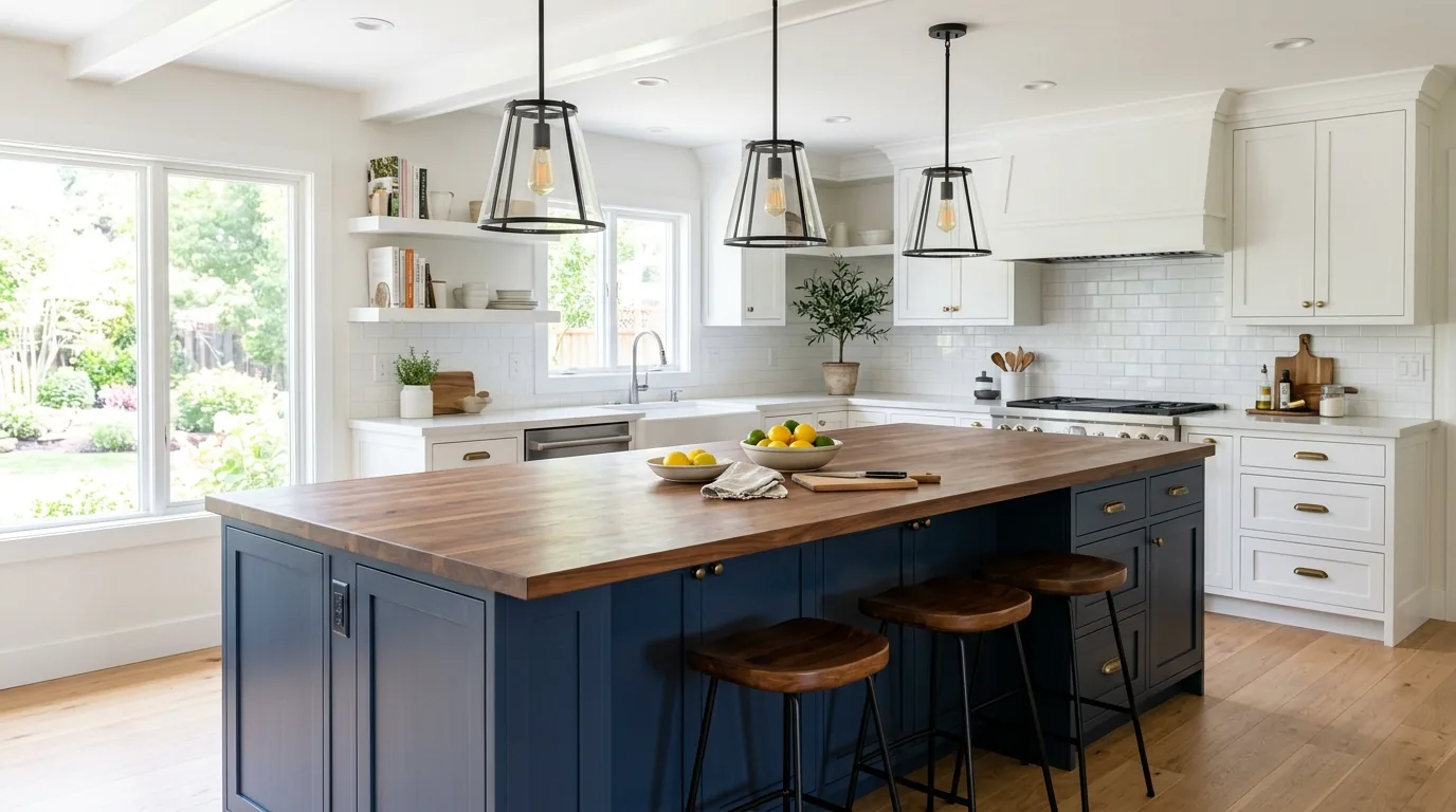 Builder grade kitchen brightened with peel and stick backsplash and under cabinet lights