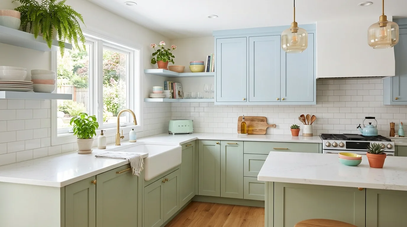 Coastal kitchen with striped runner and woven stools