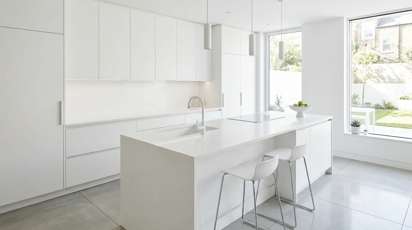 Modern kitchen with replaced pendants above island