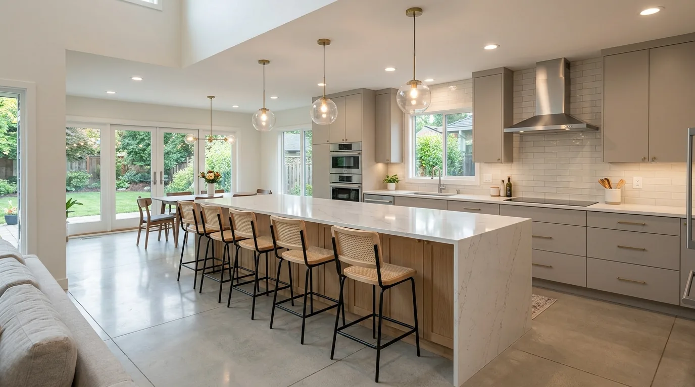 All white kitchen warmed by wood boards and tonal accessories
