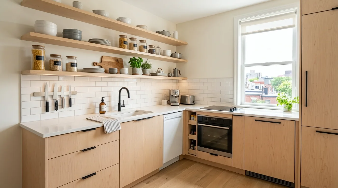 Farmhouse kitchen with refreshed paint on cabinets and open basket storage
