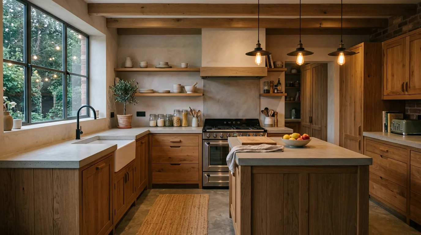 Apartment kitchen with removable wallpaper accent and cleaner shelving layout