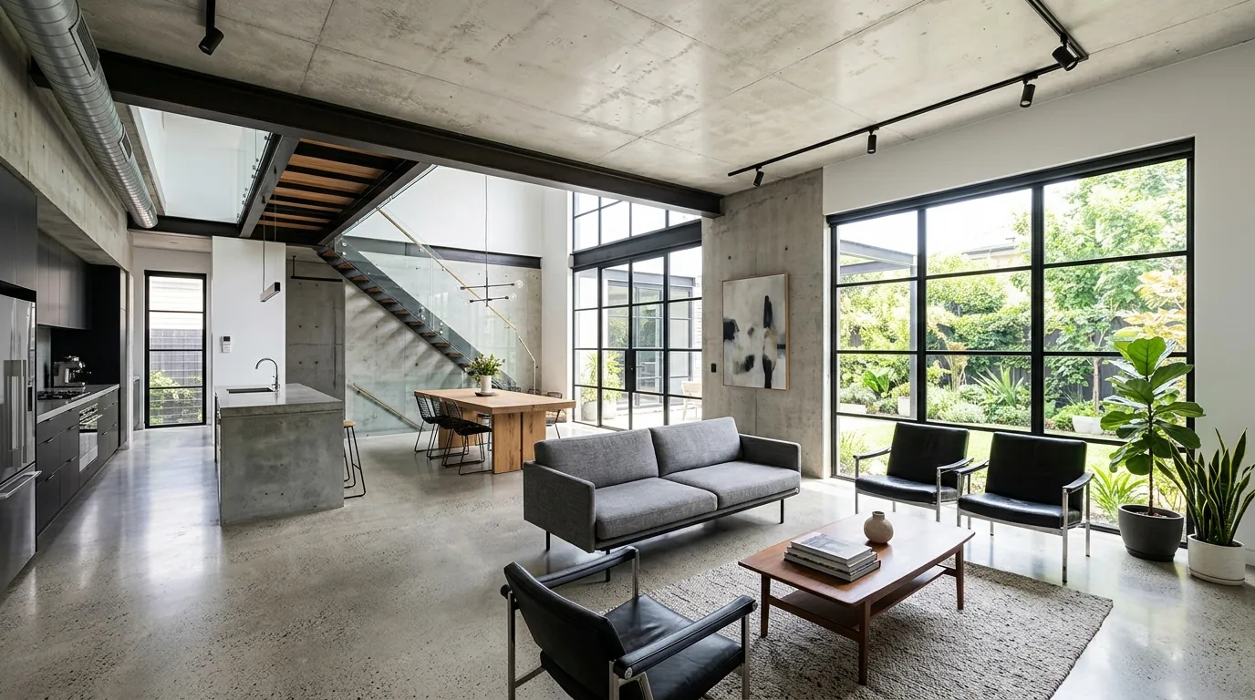 Basement with warm-toned vinyl flooring and sectional seating