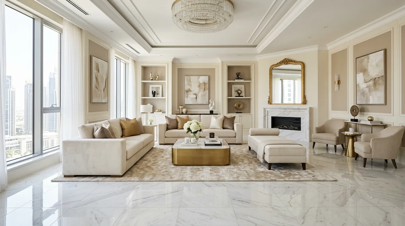 Dining room with patterned tile inset and surrounding wood floor