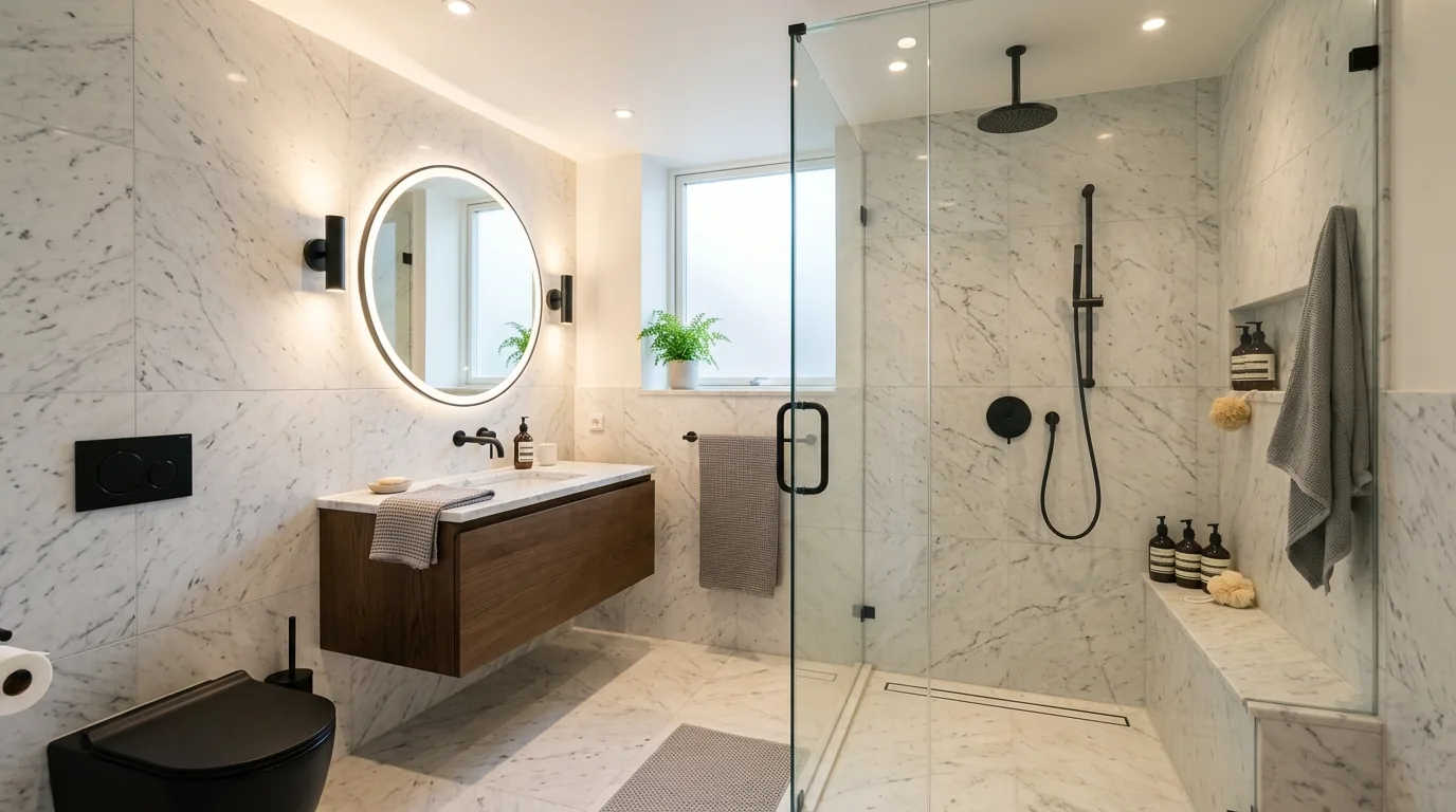 Walk-in shower with frameless glass and pale wall tile