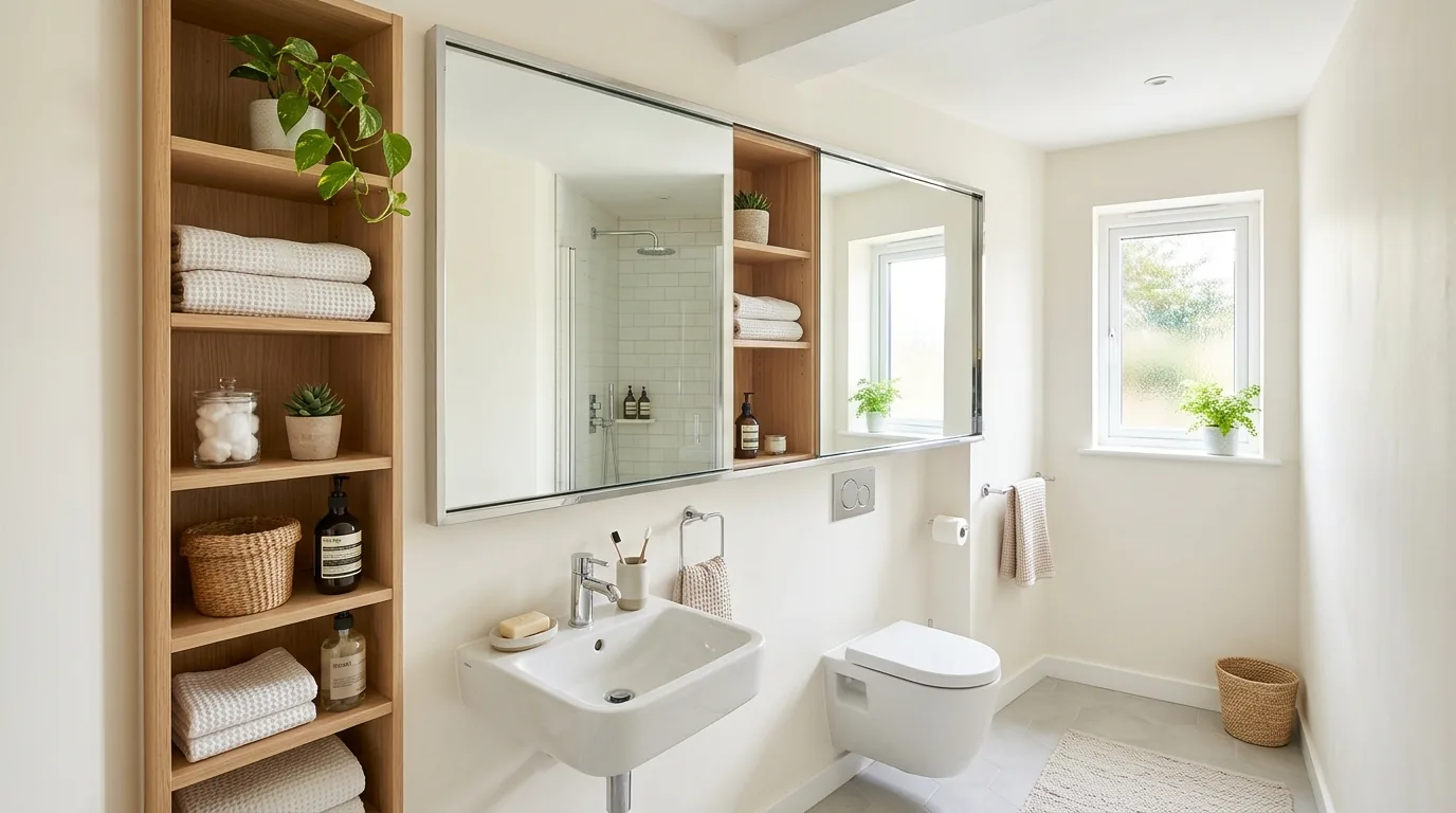 Powder room with statement stone sink and warm brass faucet