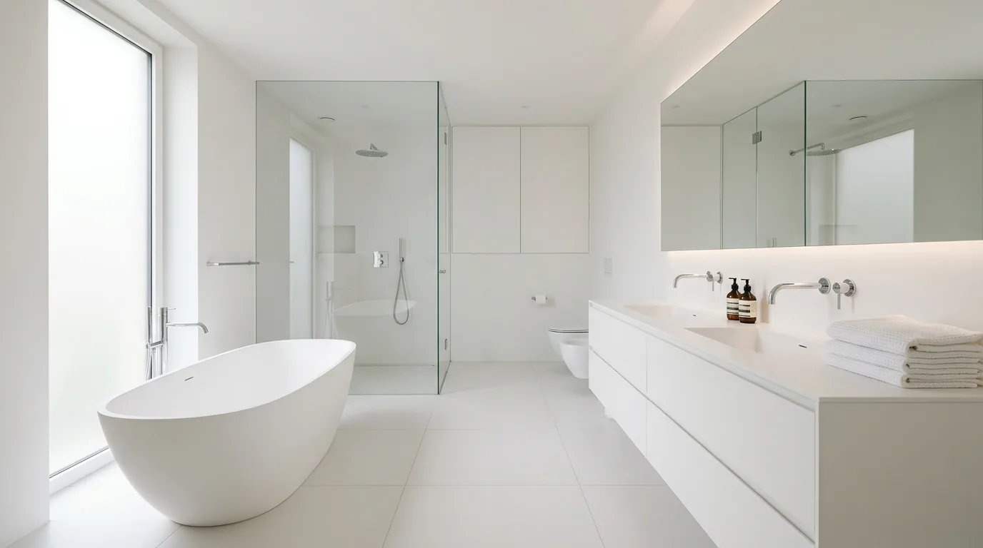 Narrow bathroom with oversized mirror and slim sconces