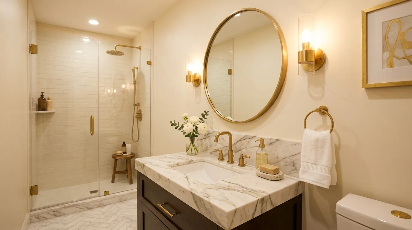 Small bath with marble-look porcelain tile and hidden storage niche