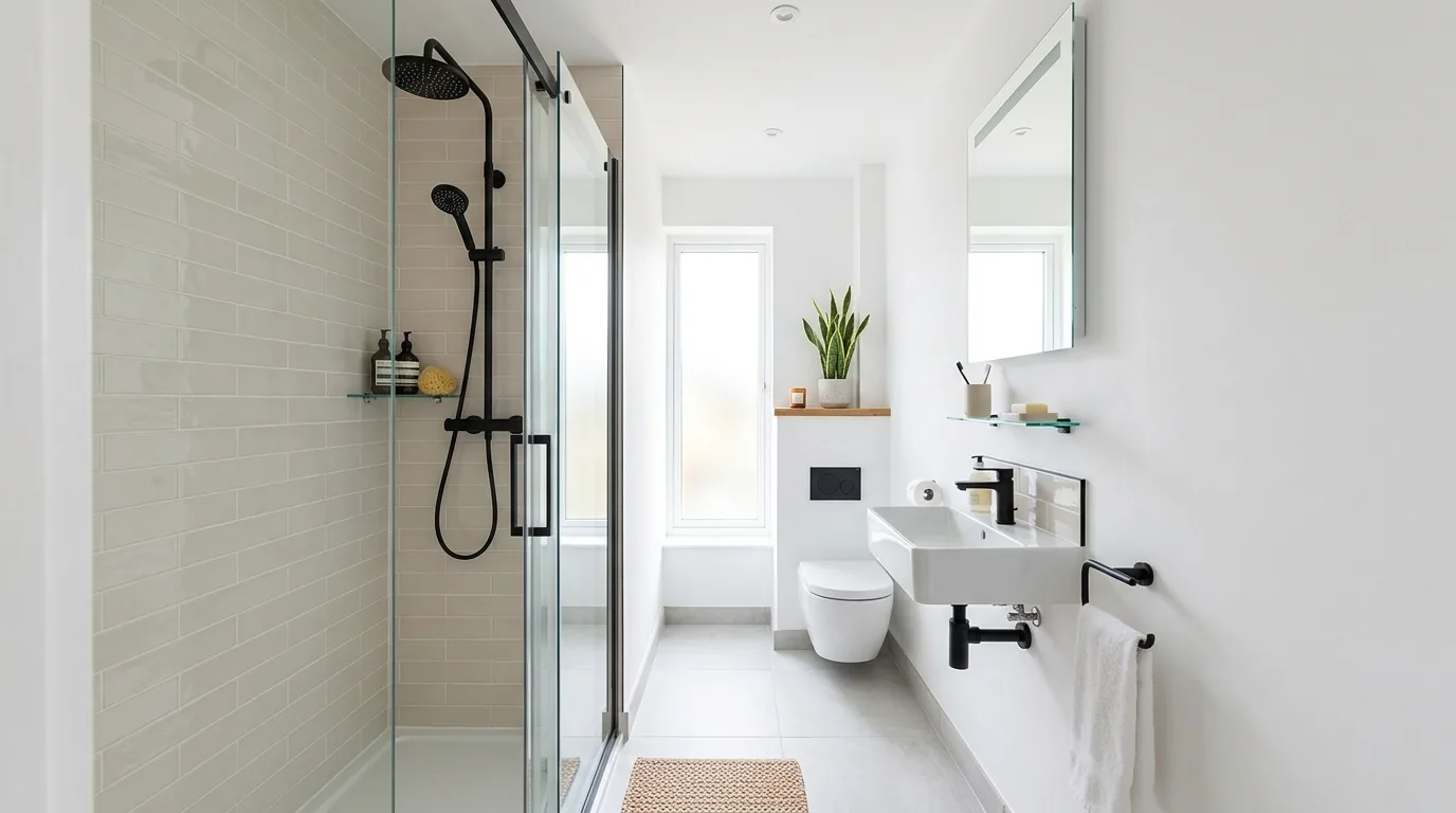 Scandinavian small bathroom with pale oak vanity and soft lighting