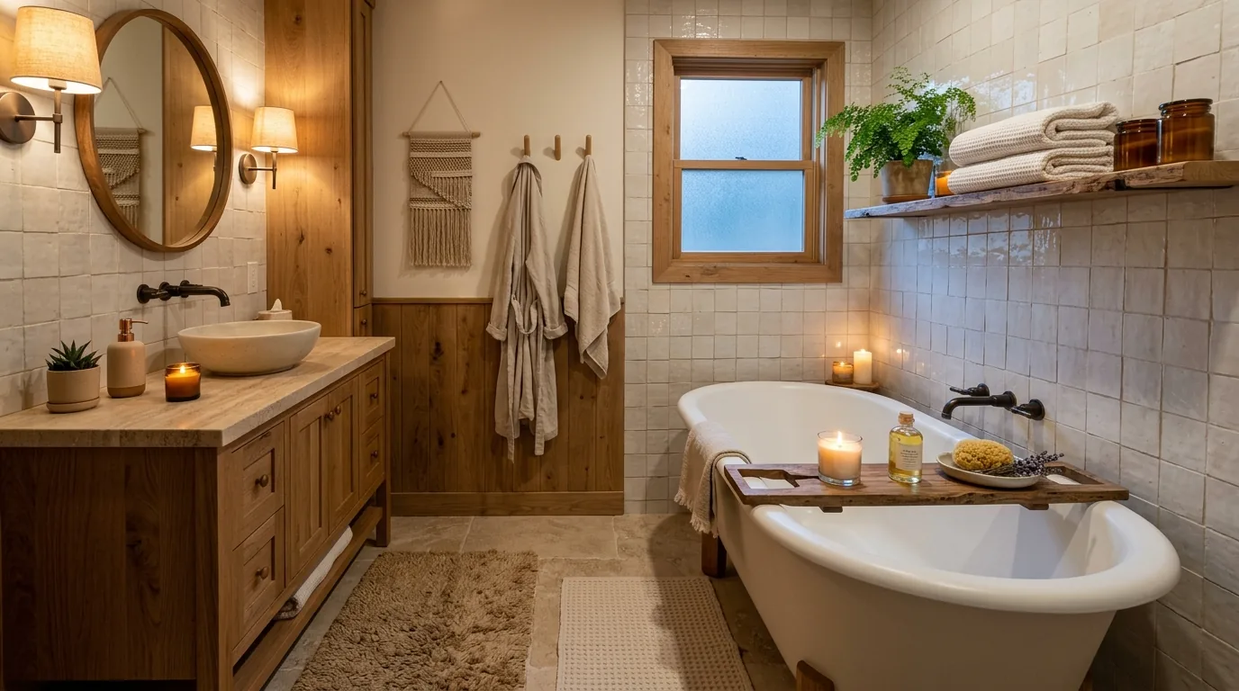 Apartment bathroom with curved mirror and soft plaster-tone walls