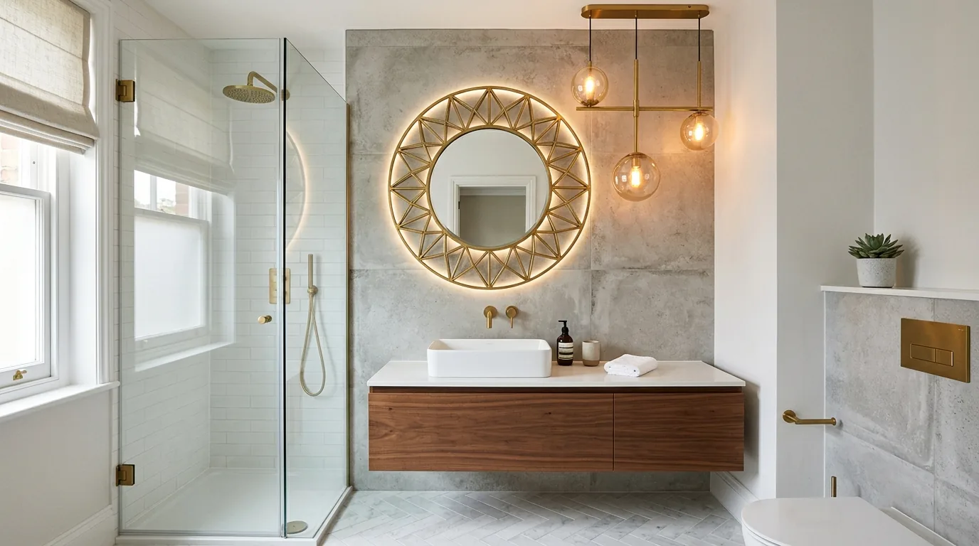 Small ensuite with wall-mounted toilet and continuous floor tile