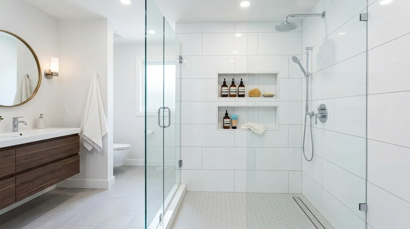 Moody jewel-box bathroom with dark vanity and gold accents