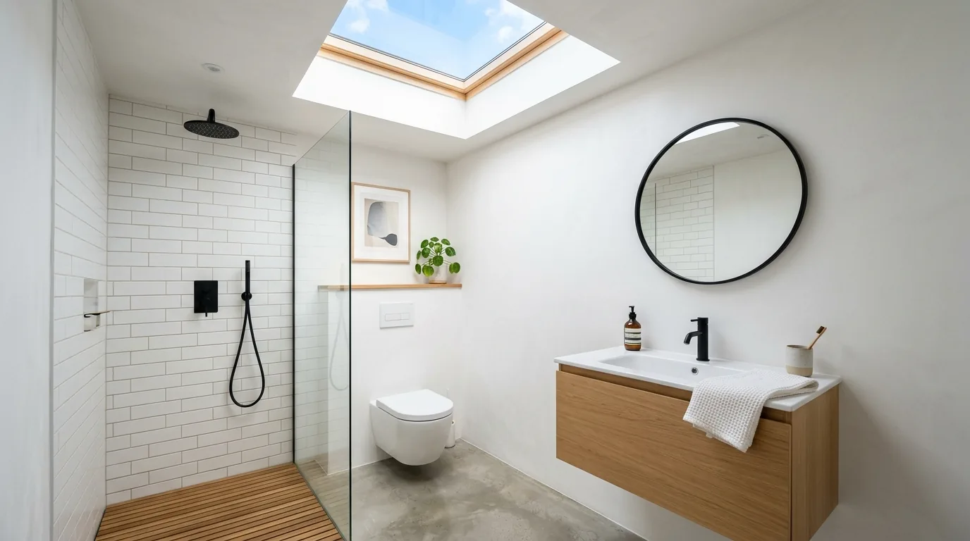 Coastal small bathroom with light blue accents and polished nickel details