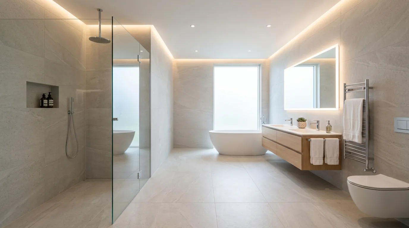 Cinematic small bathroom transformation with layered lighting and seamless finishes