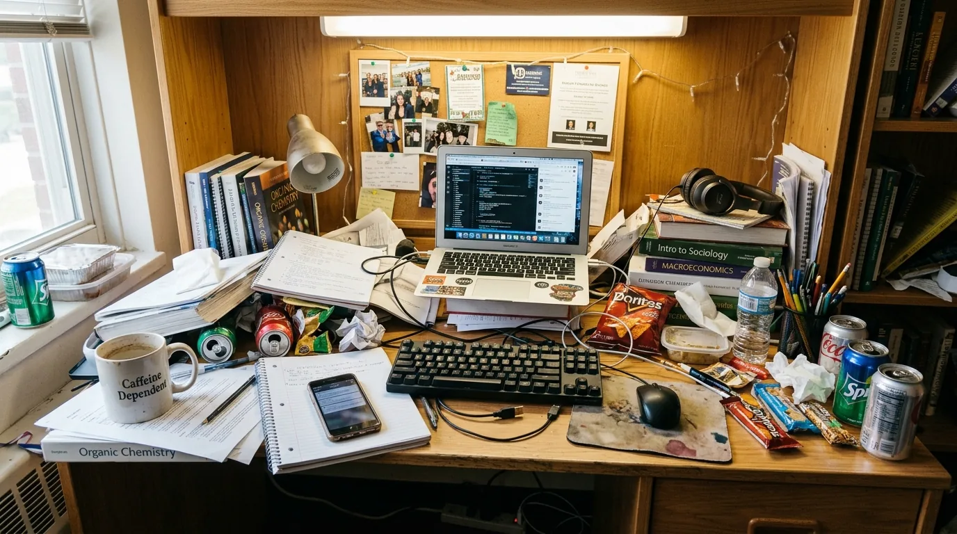 Tiny dorm using dark heavy bedding that makes the room feel smaller