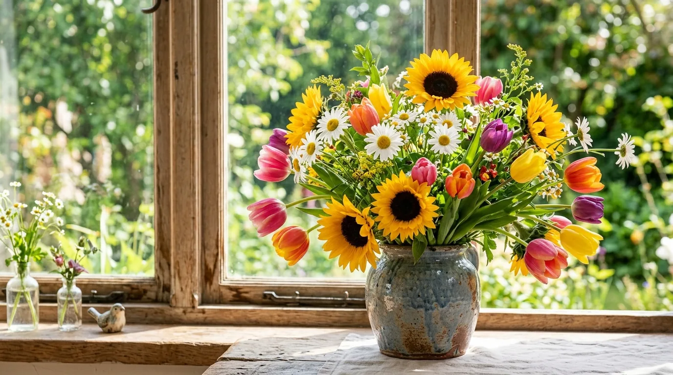 Bright mixed tulips and daisies for a cheerful birthday bouquet