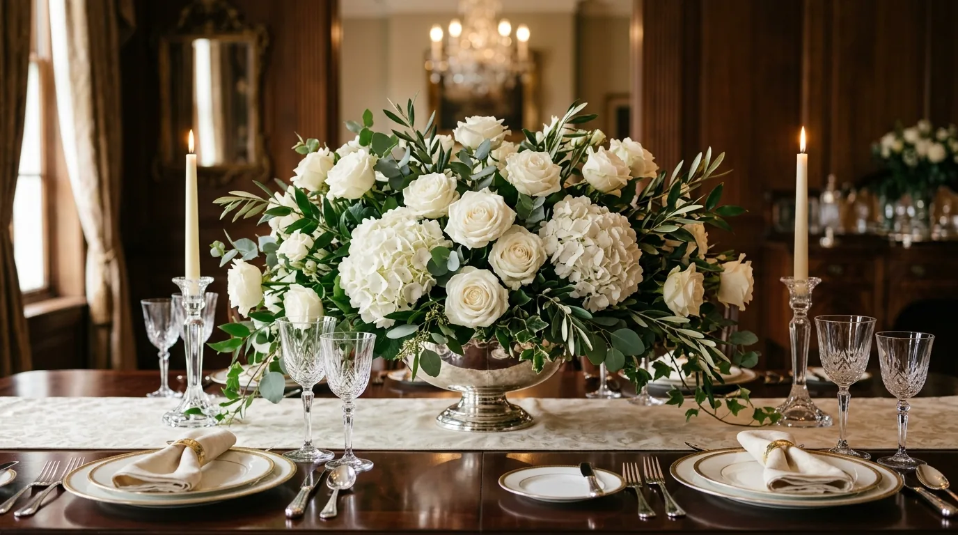 Hydrangeas and garden roses for a wedding-ready arrangement