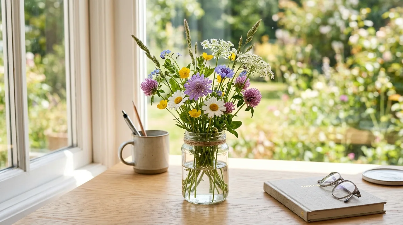 Lavender stems and neutral blooms for a calming bedroom vase