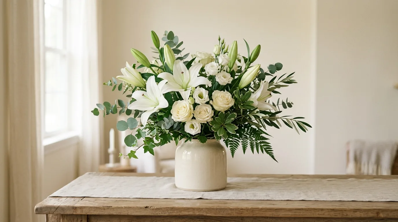 Sunflowers and herbs in a farmhouse vase for a kitchen display