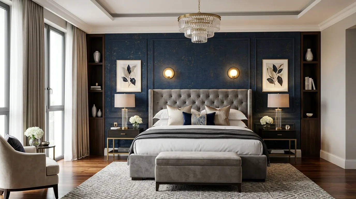 Bedroom with upholstered feature wall and layered bedside lighting
