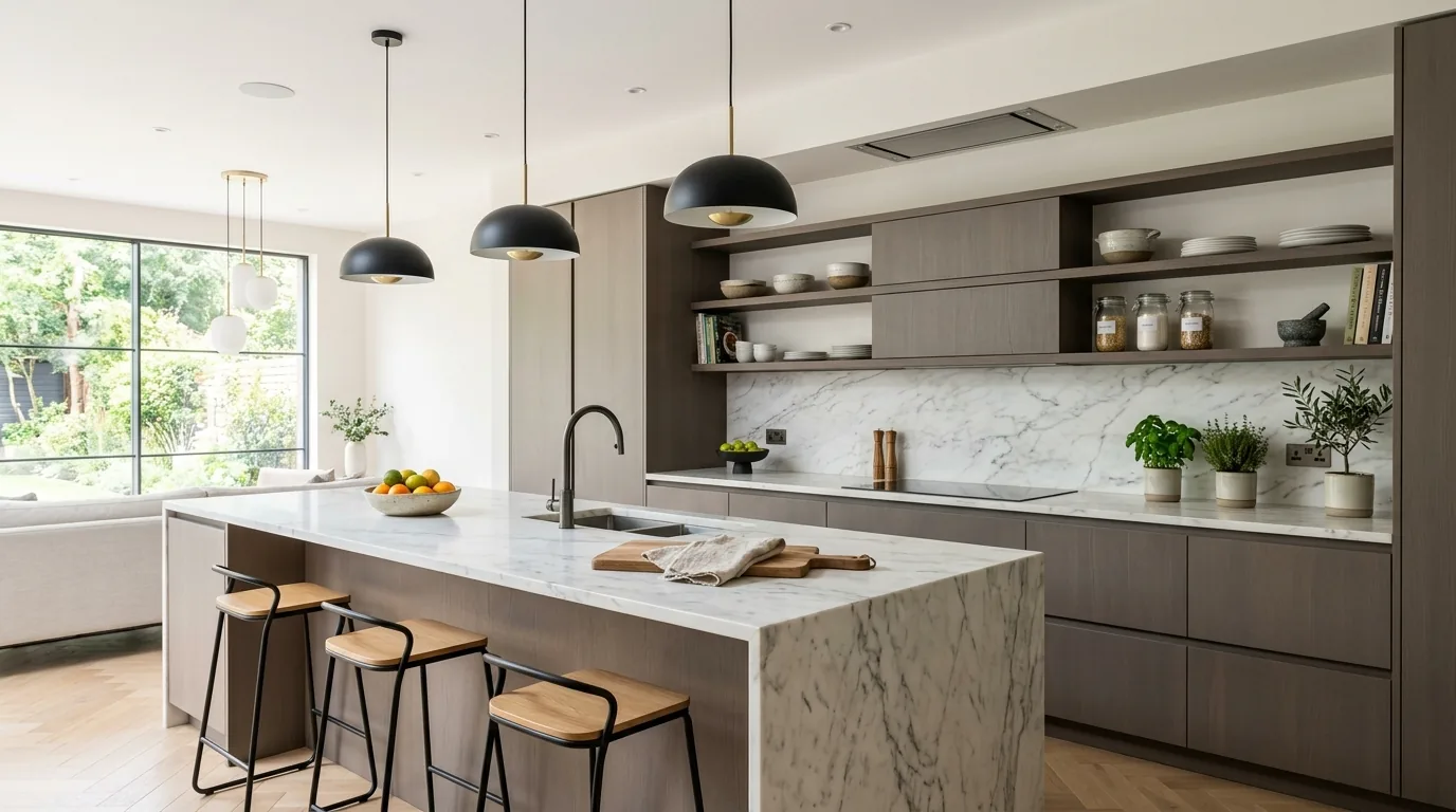 Kitchen with dramatic stone backsplash and warm wood island